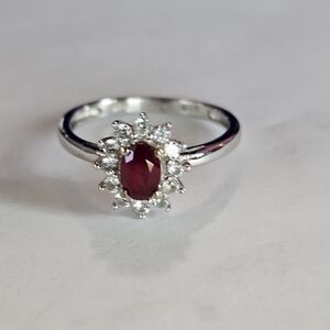Genuine Royal Thai Ruby and White Zircon in Platinum Sterling Ring Size 7!  ♥️